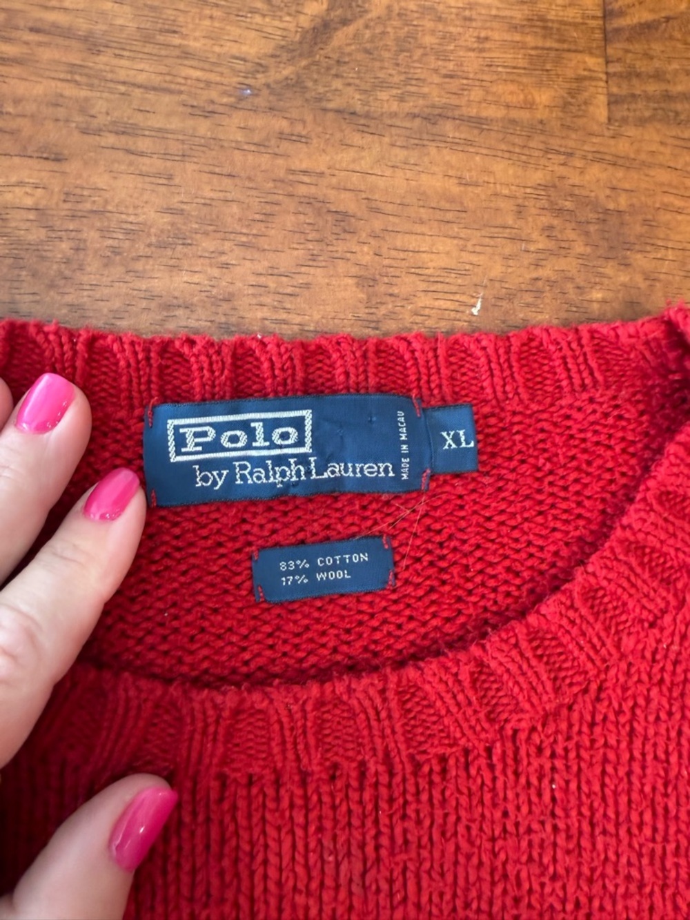 Vintage Polo Ralph Lauren Red Crewneck Sweater XL Cotton Wool Pullover Navy Pony - Picture 2 of 9